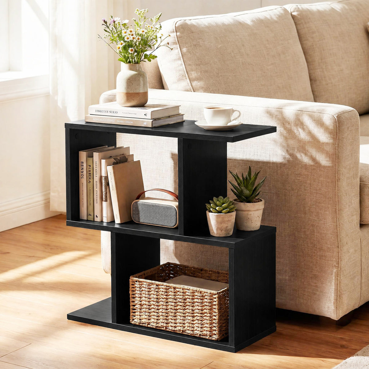 3-Tier Geometric Bookshelf Freestanding Display Shelf Side Table Set