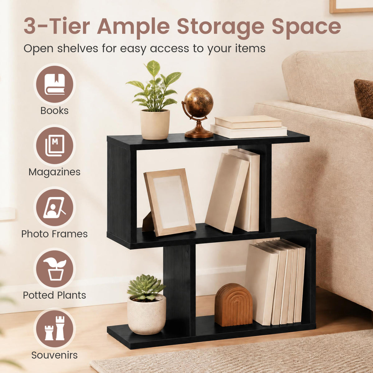 3-Tier Geometric Bookshelf Freestanding Display Shelf Side Table Set