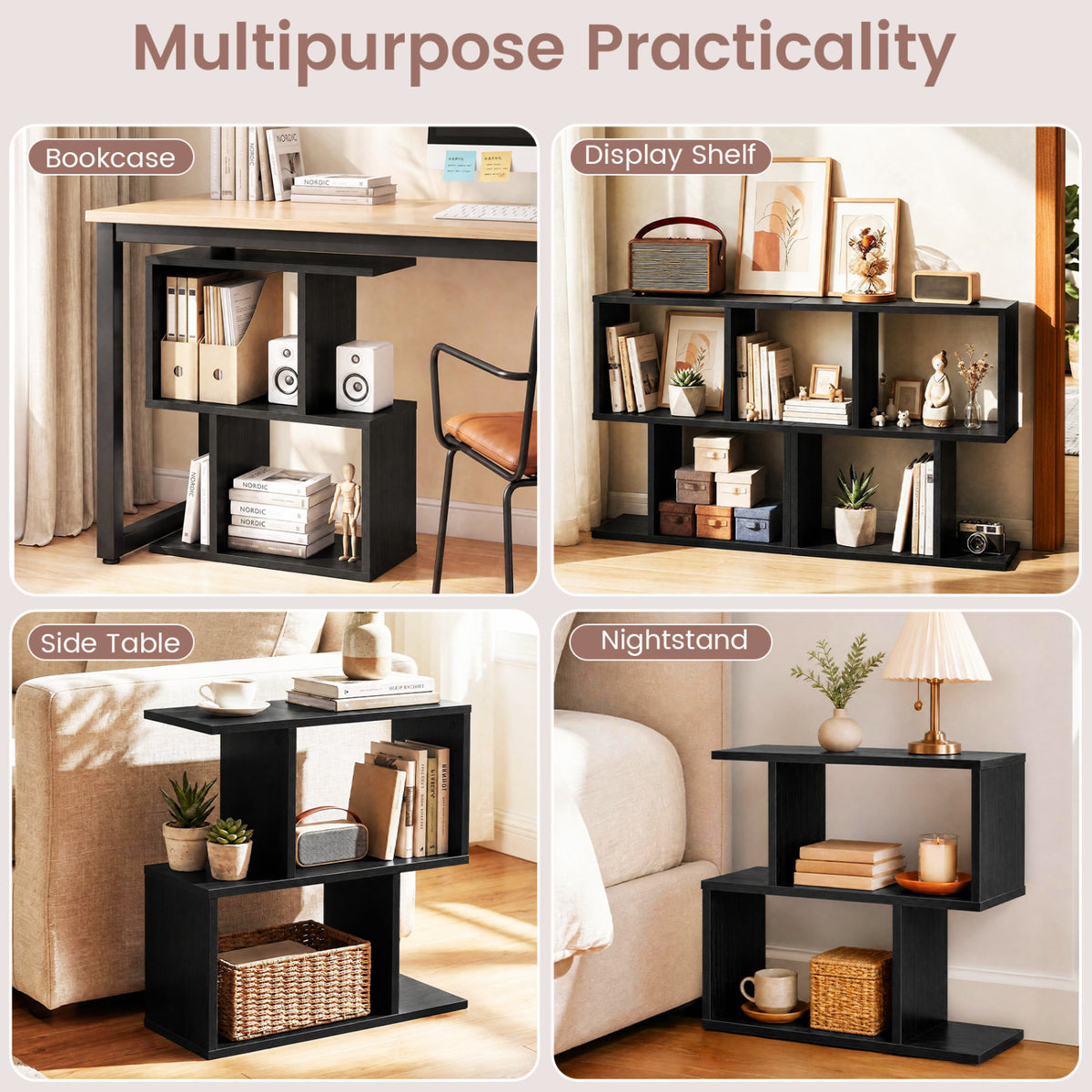 3-Tier Geometric Bookshelf Freestanding Display Shelf Side Table Set