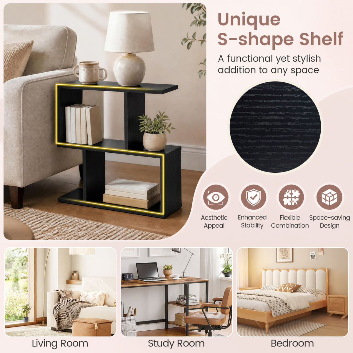3-Tier Geometric Bookshelf Freestanding Display Shelf Side Table Set