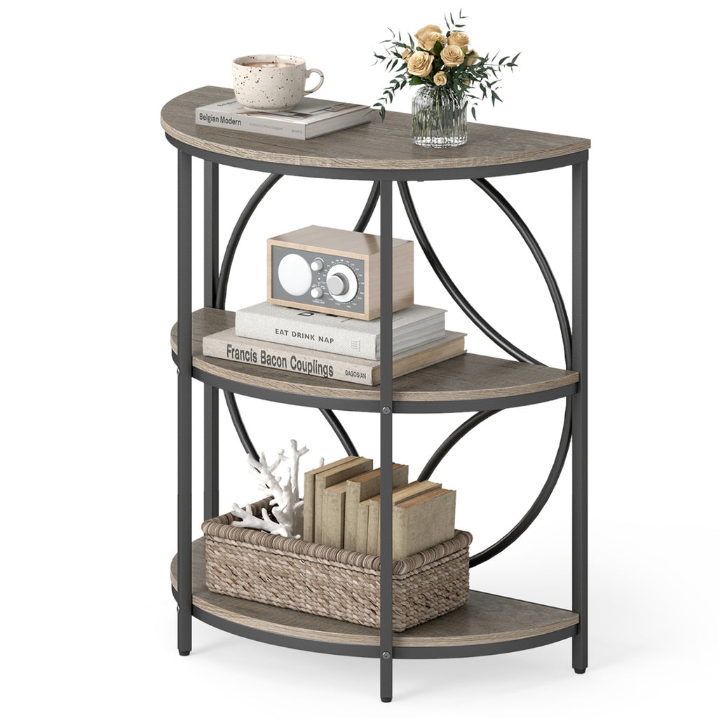 3-Tier Half Round End Table with Metal Frame, Gray