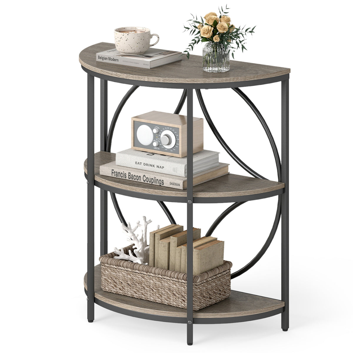3-Tier Half Round End Table with Metal Frame, Gray