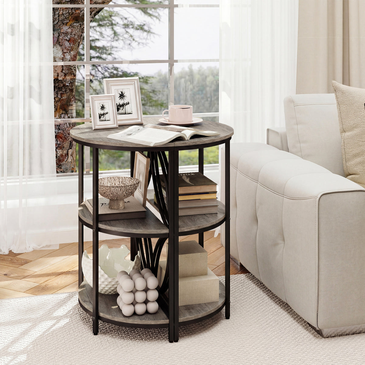 3-Tier Half Round End Table with Metal Frame, Gray