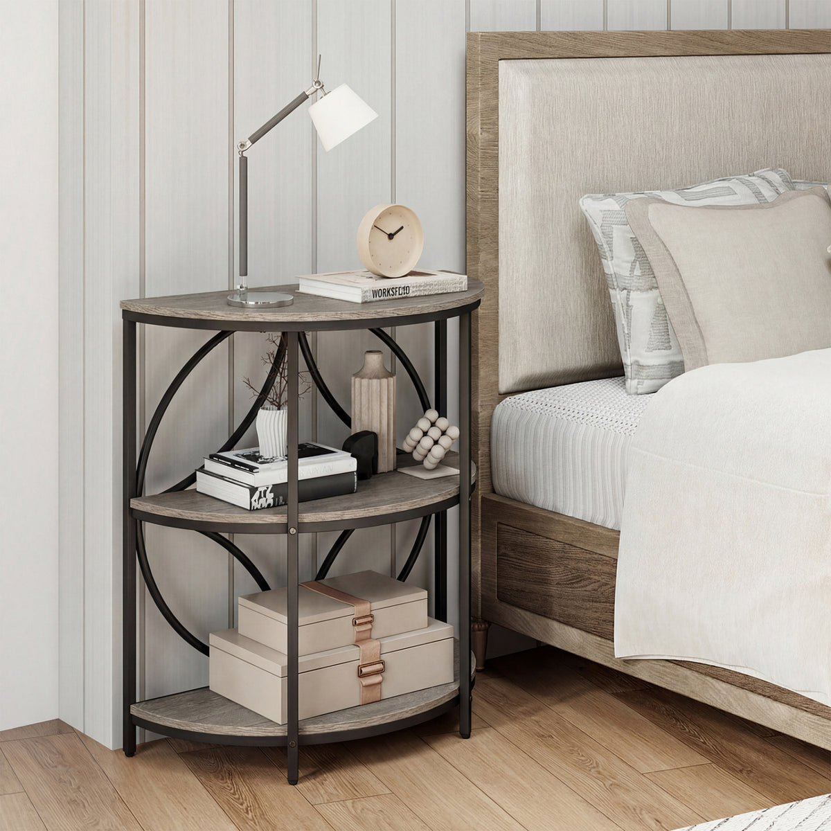 3-Tier Half Round End Table with Metal Frame, Gray