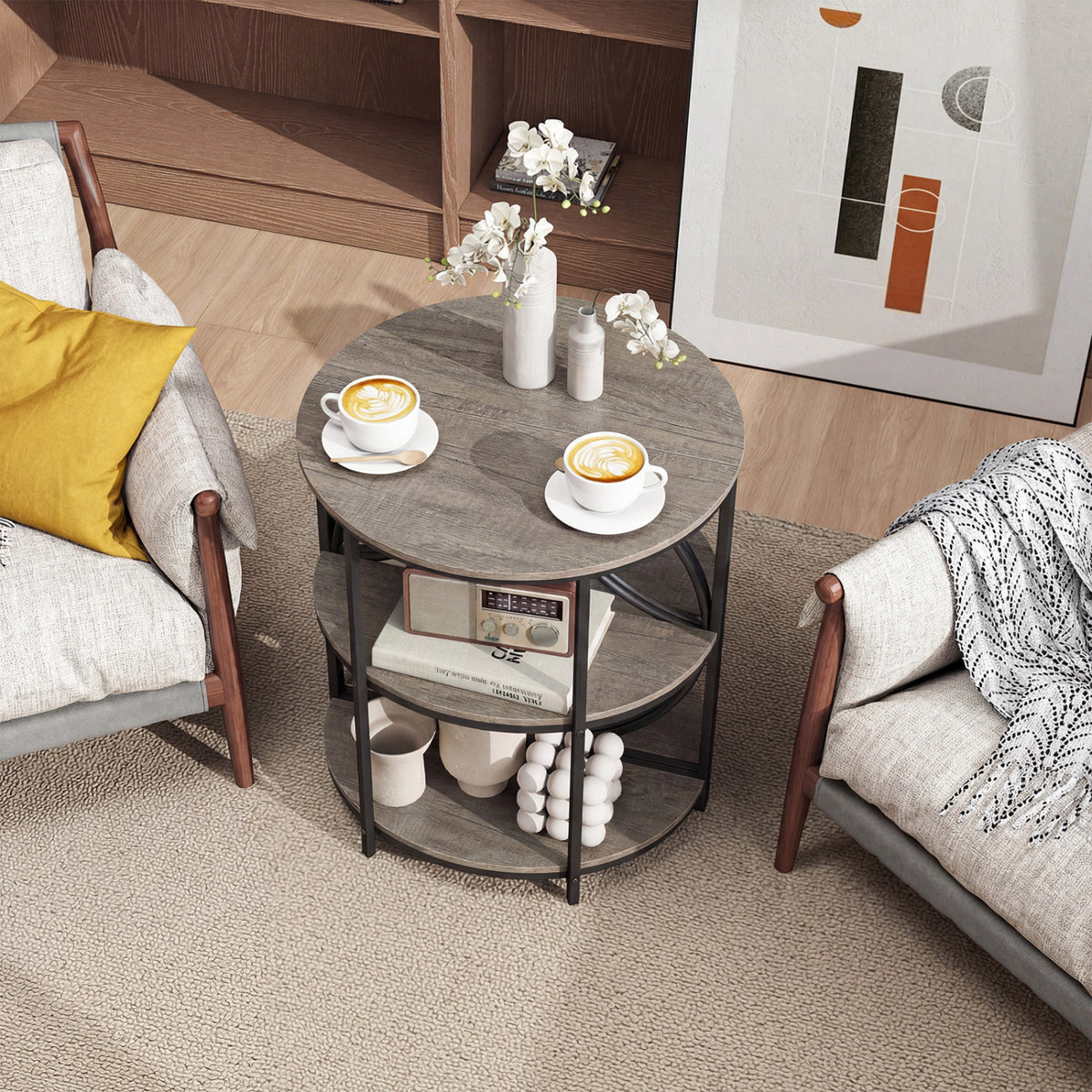 3-Tier Half Round End Table with Metal Frame, Gray