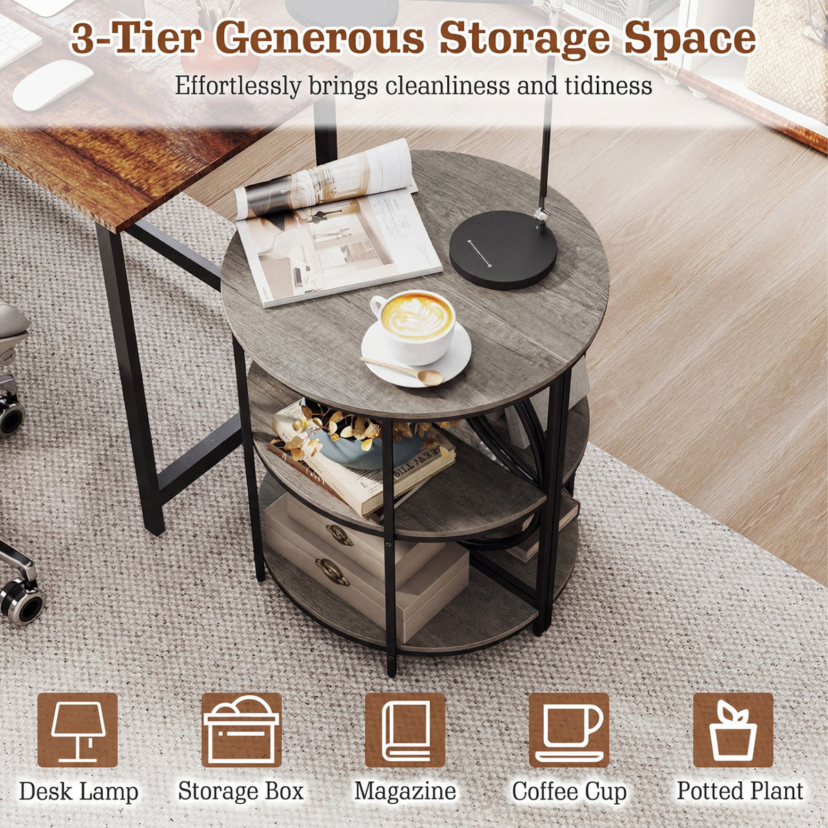 3-Tier Half Round End Table with Metal Frame, Gray