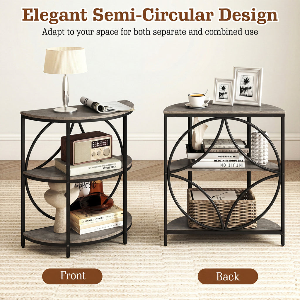 3-Tier Half Round End Table with Metal Frame, Gray