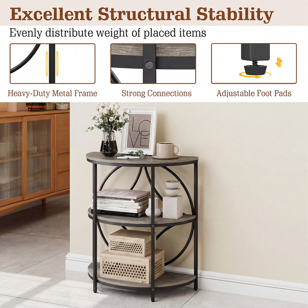 3-Tier Half Round End Table with Metal Frame, Gray