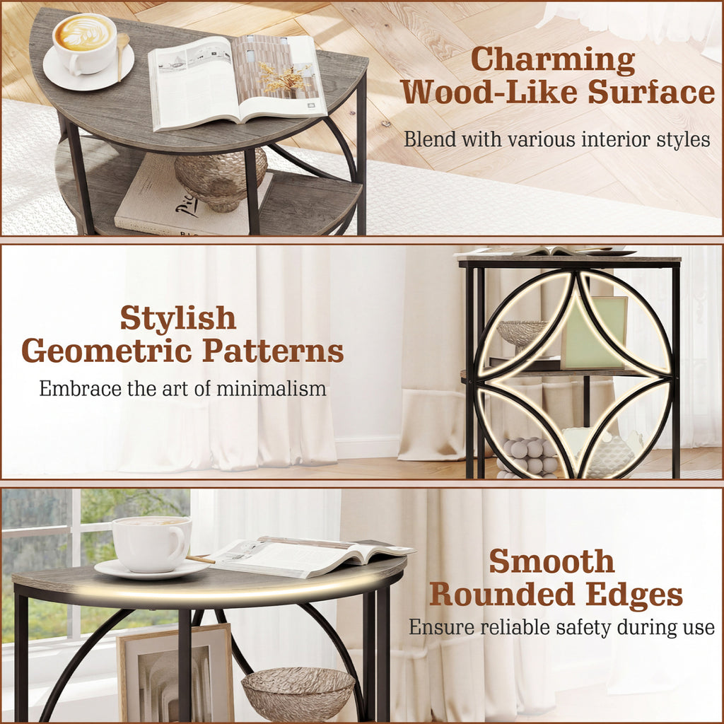3-Tier Half Round End Table with Metal Frame, Gray