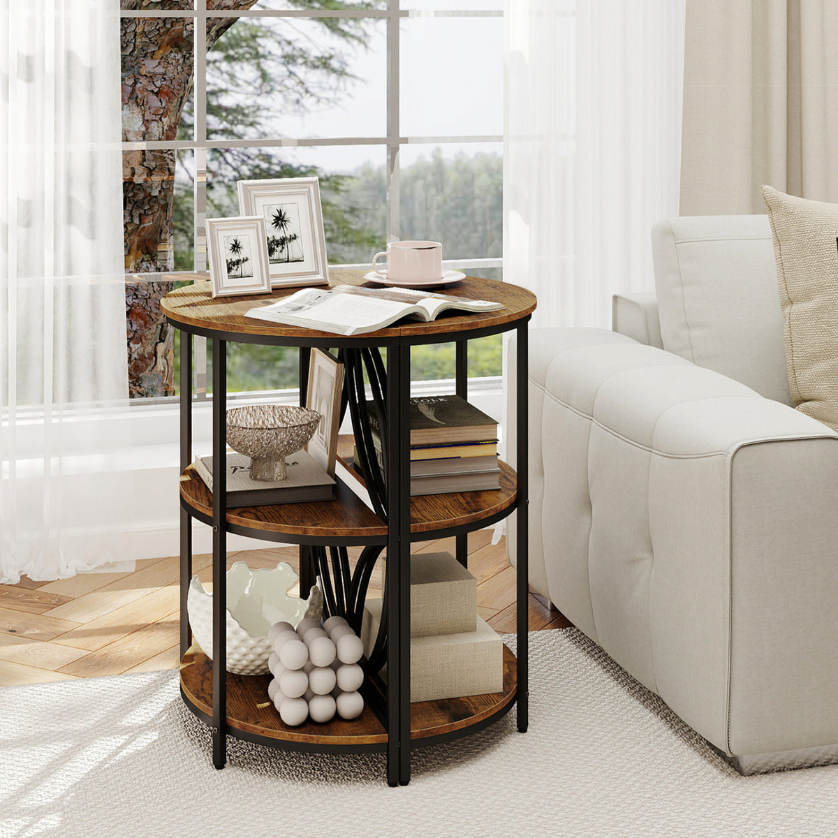 3-Tier Half Round End Table with Metal Frame, Gray