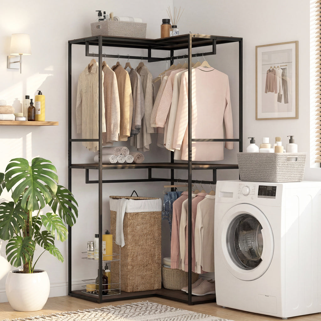 3-Tier Heavy Duty Clothes Rack with Hanging Rods – Black & Brown