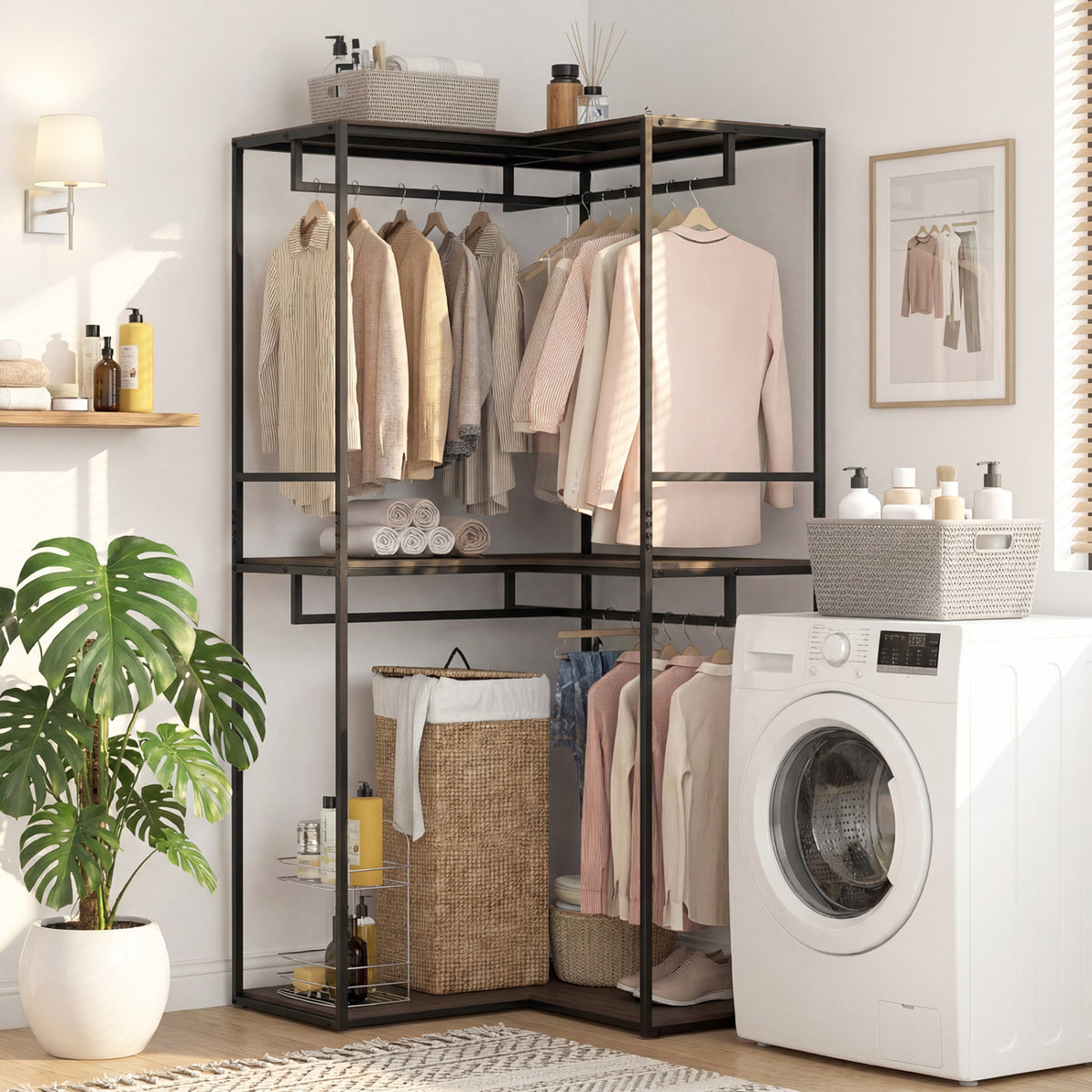 3-Tier Heavy Duty Clothes Rack with Hanging Rods – Black & Brown