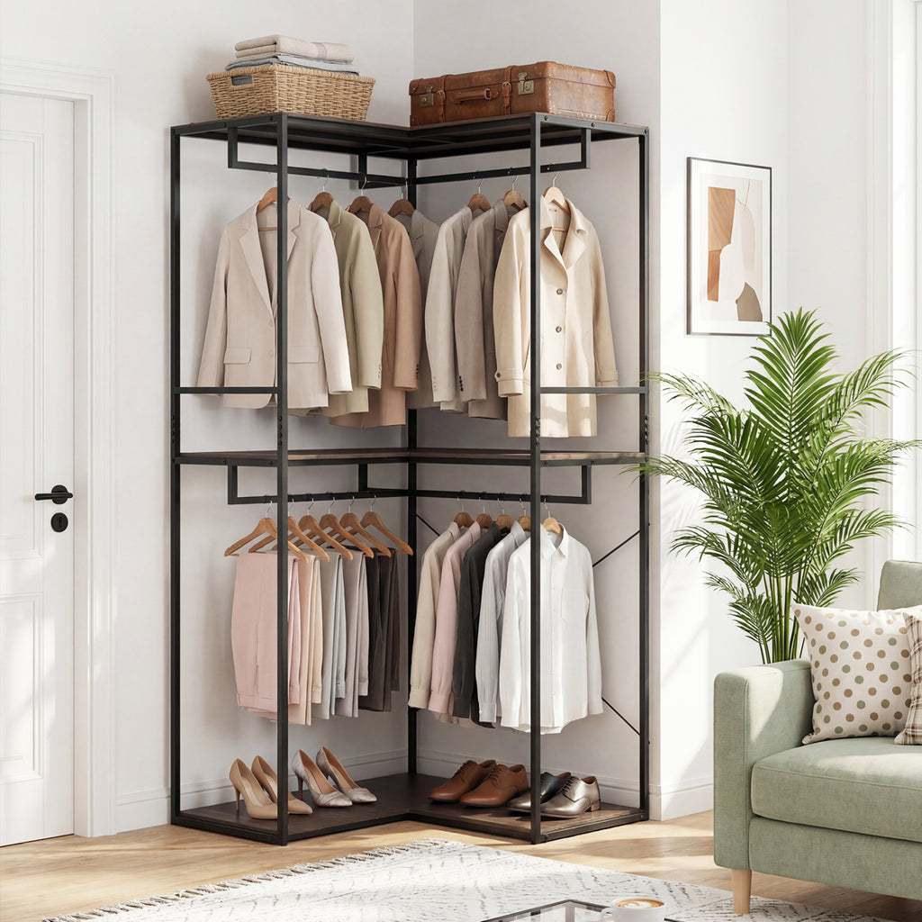 3-Tier Heavy Duty Clothes Rack with Hanging Rods – Black & Brown