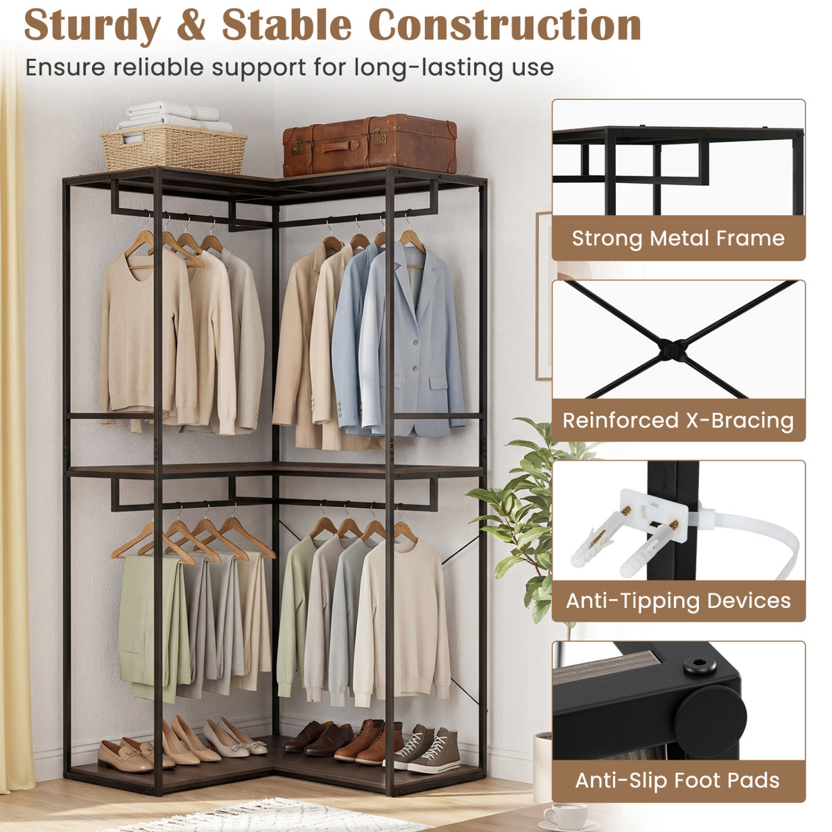 3-Tier Heavy Duty Clothes Rack with Hanging Rods – Black & Brown