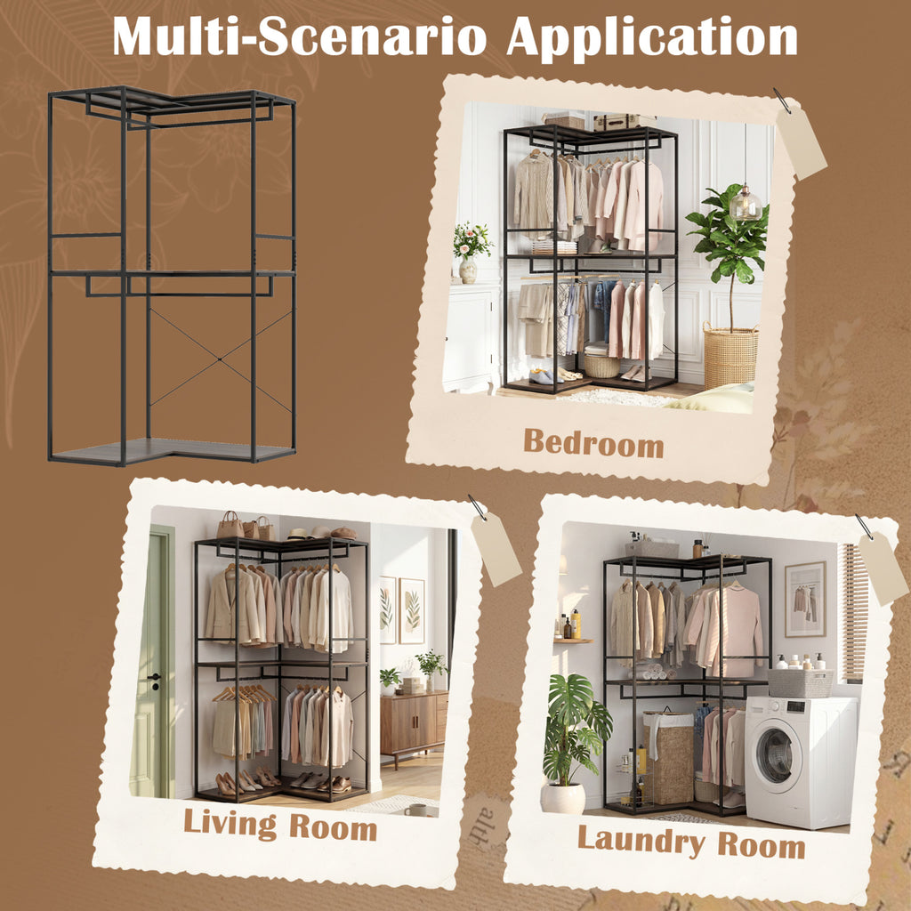 3-Tier Heavy Duty Clothes Rack with Hanging Rods – Black & Brown