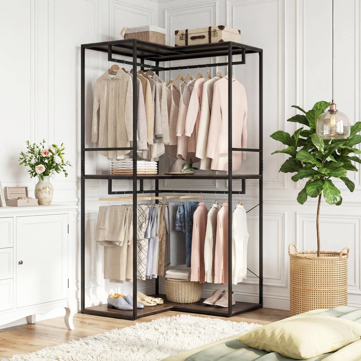 3-Tier Heavy Duty Clothes Rack with Hanging Rods – Black & Brown