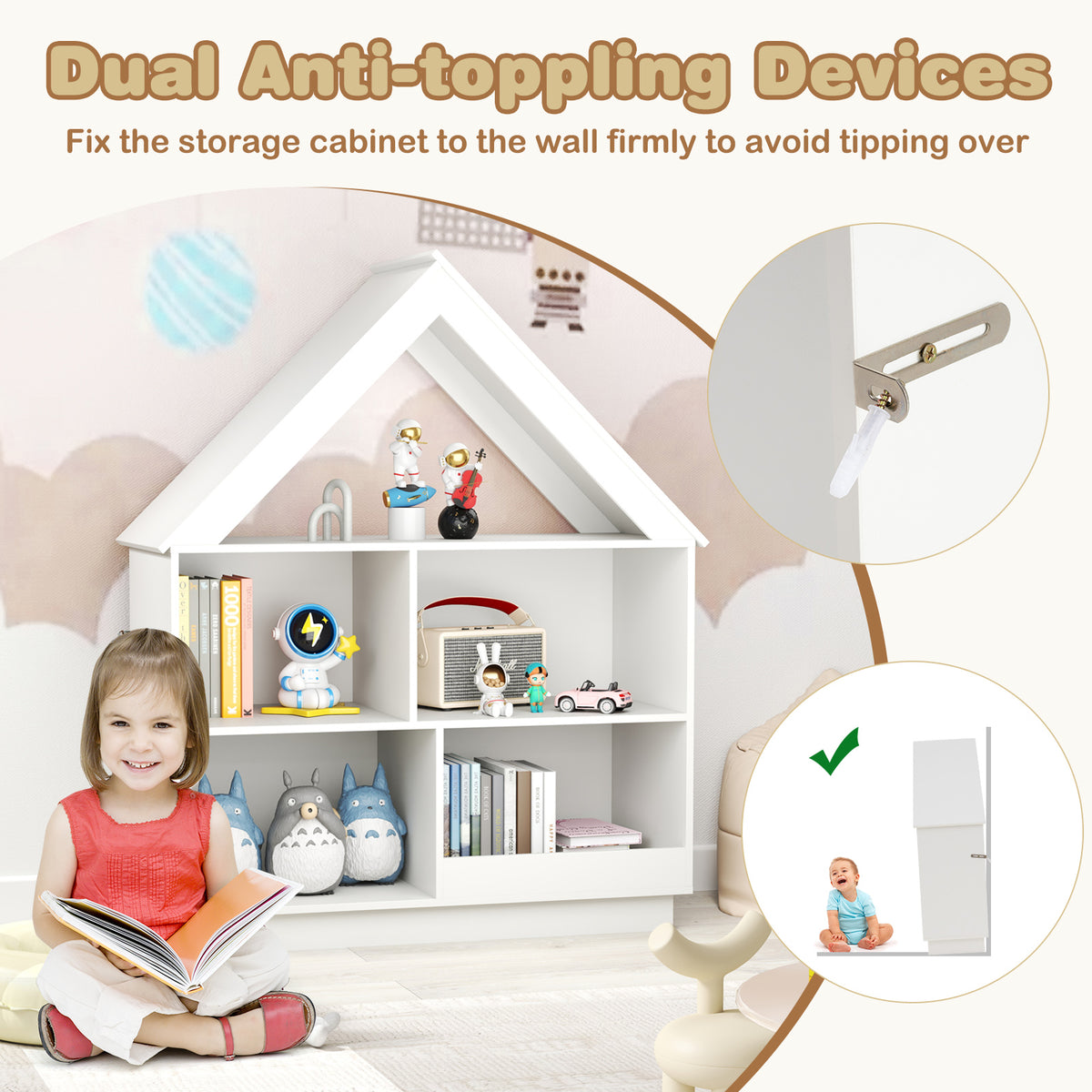 White 3-Tier House-Shaped Toy Storage Organizer with Open Shelves - Costway