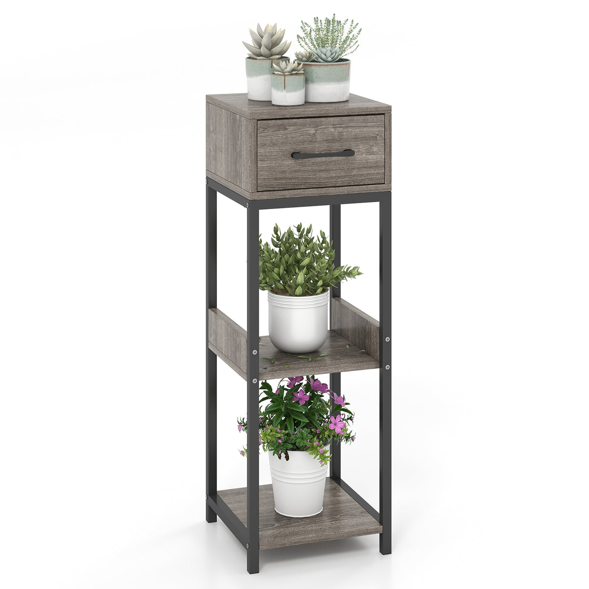 3 Tier Tall Metal Plant Stand with Drawer for Balcony Office