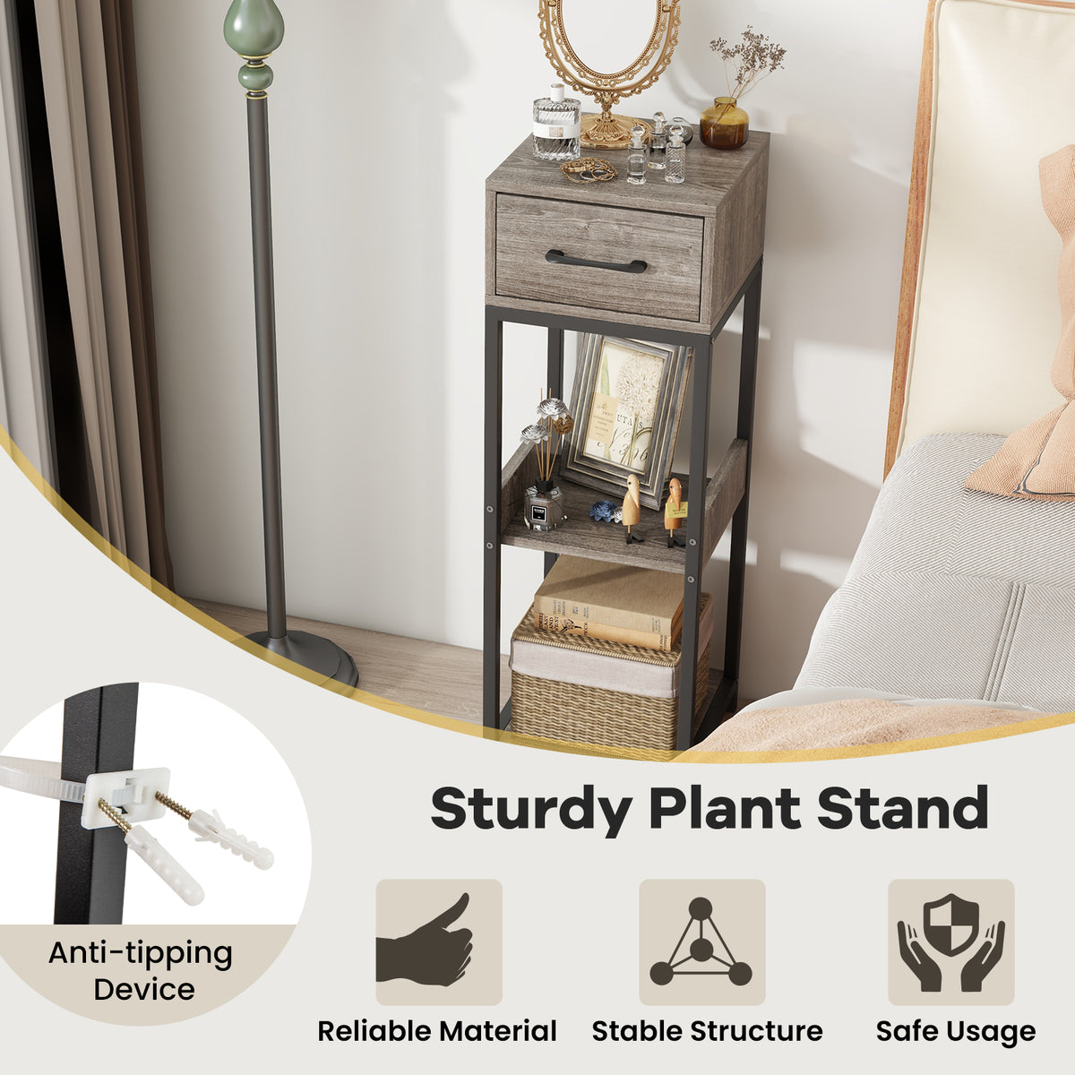 3 Tier Tall Plant Stand with Drawer Anti-tipping Devices