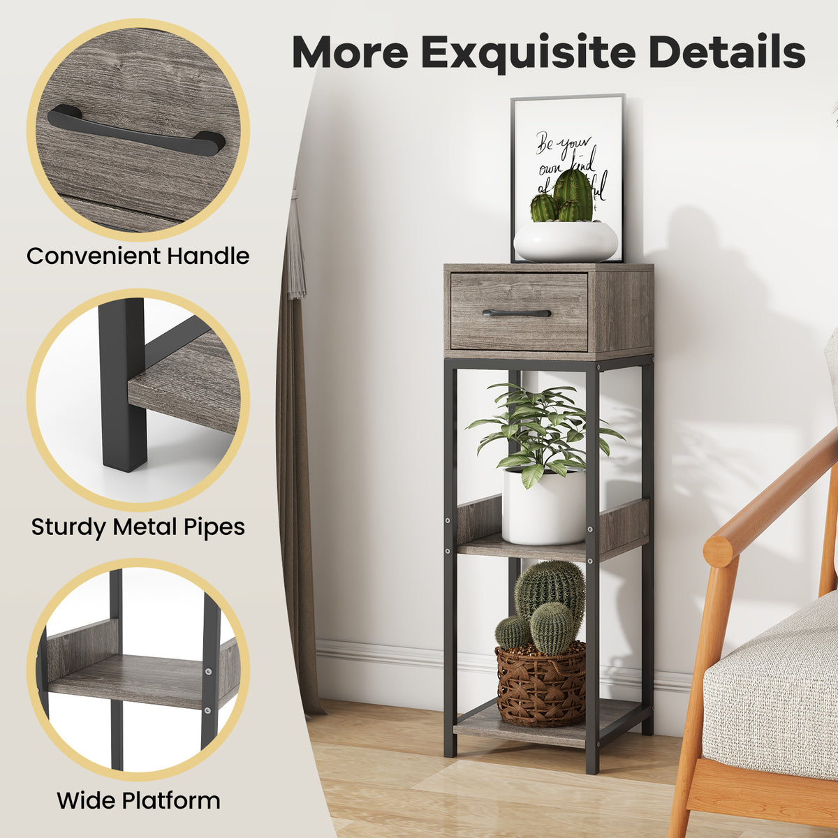 3 Tier Tall Plant Stand with Drawer Anti-tipping Devices