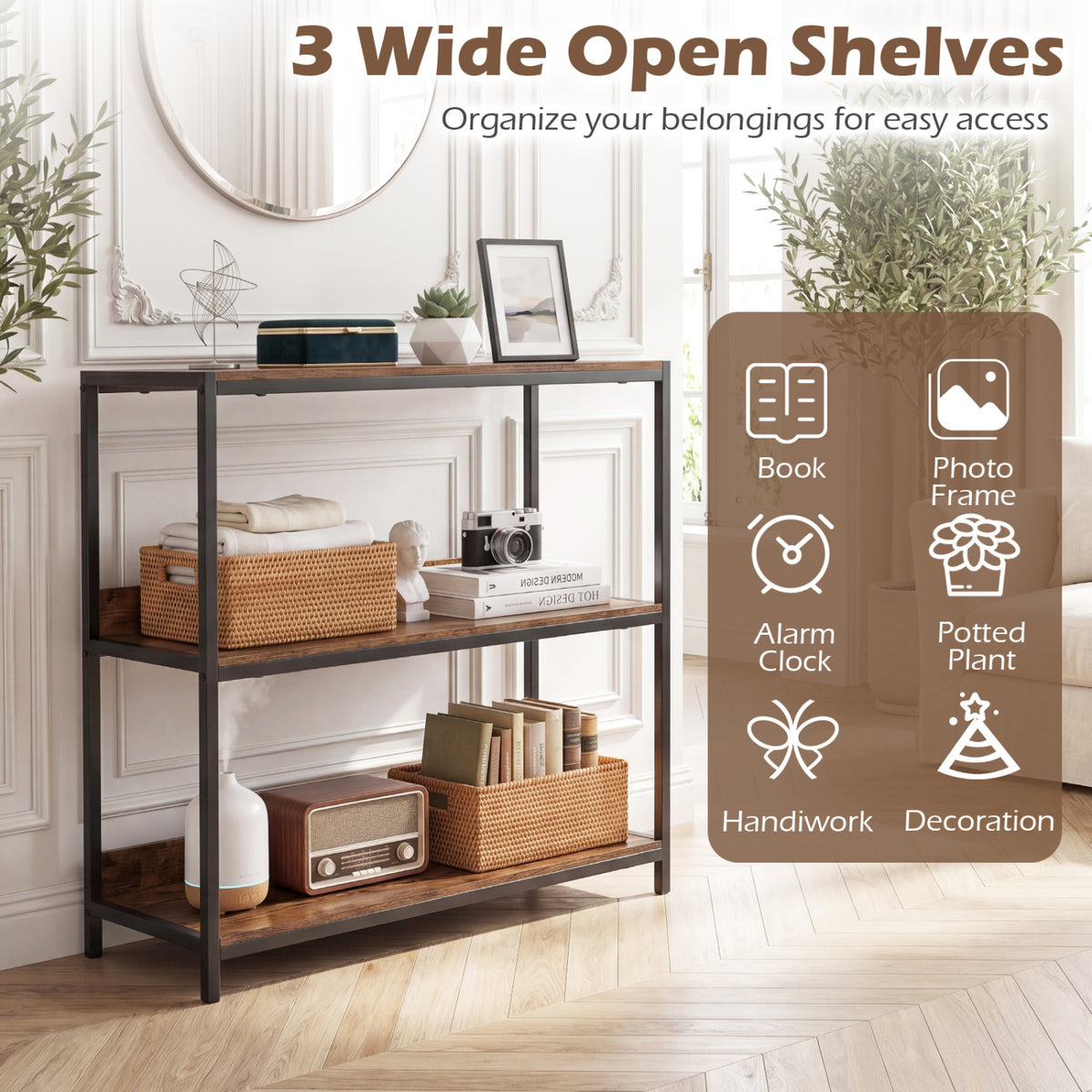 3-Tier Industrial Bookshelf with Metal Frame - Rustic Brown