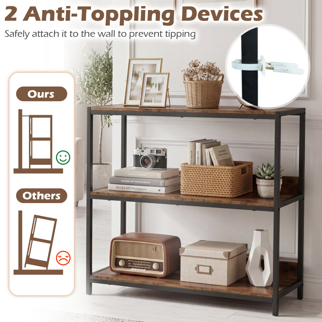 3-Tier Industrial Bookshelf with Metal Frame - Rustic Brown