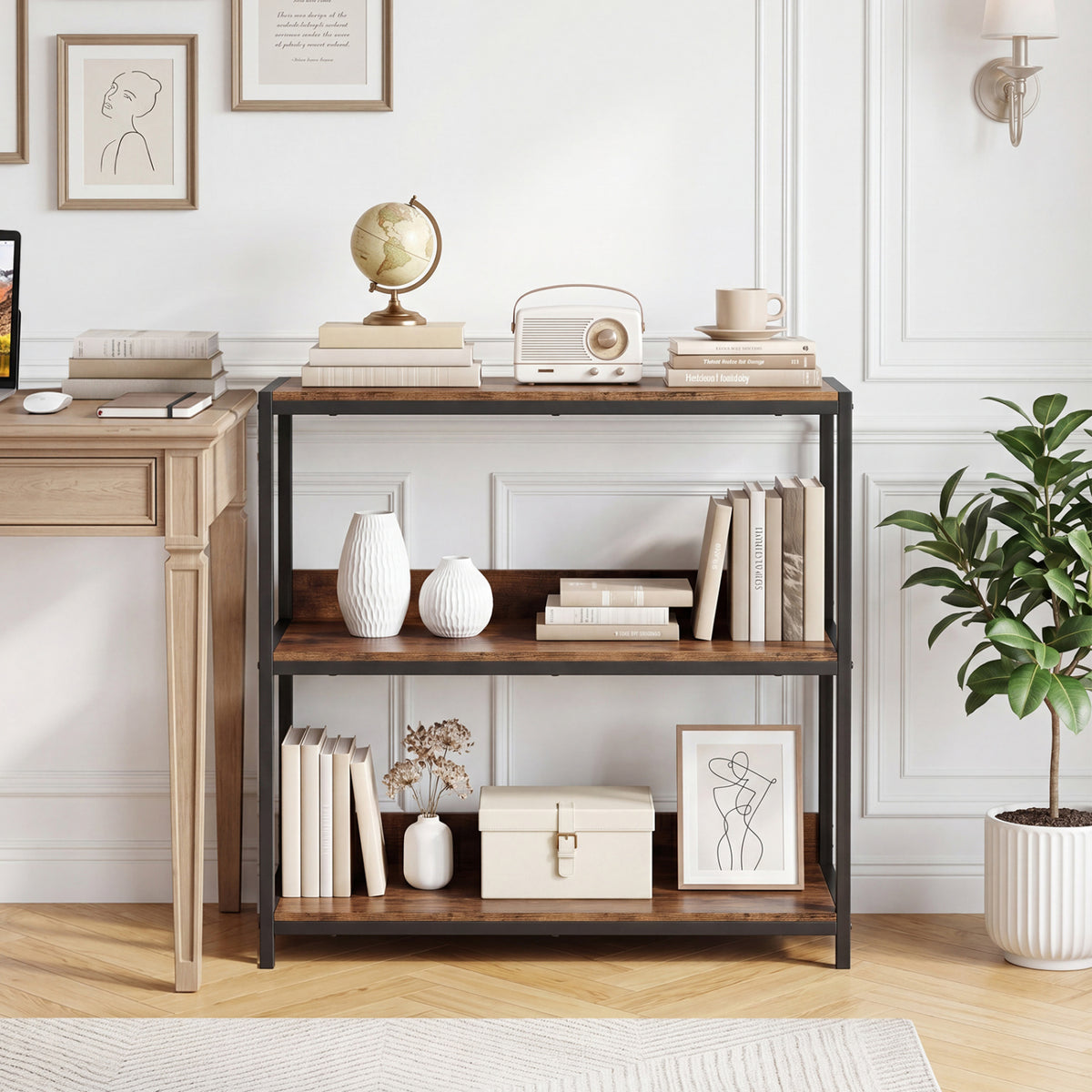 3-Tier Industrial Bookshelf with Metal Frame - Rustic Brown