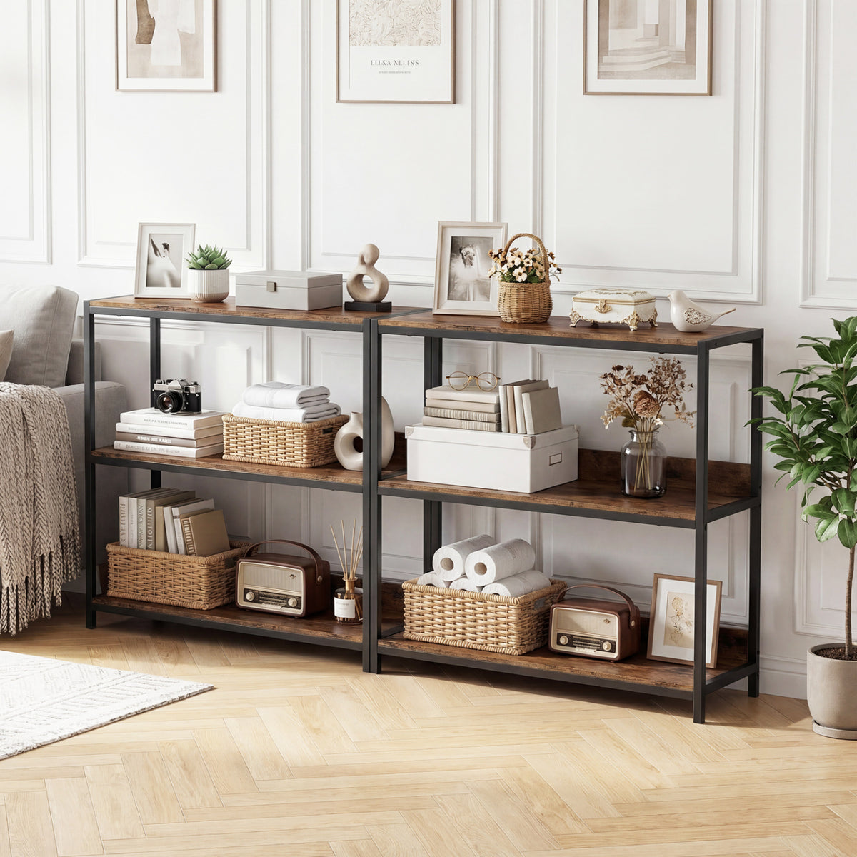 3-Tier Industrial Bookshelf with Metal Frame - Rustic Brown