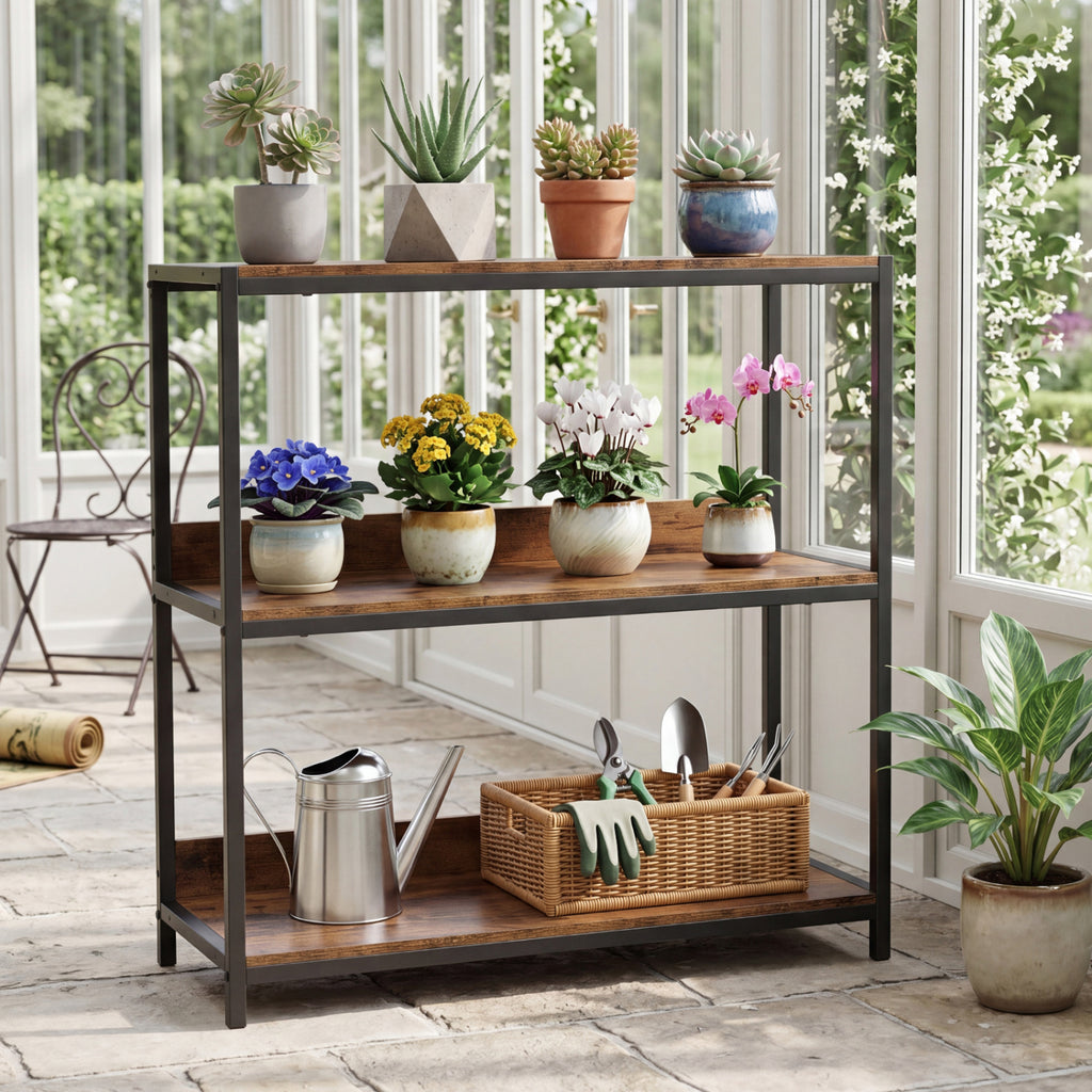 3-Tier Industrial Bookshelf with Metal Frame - Rustic Brown