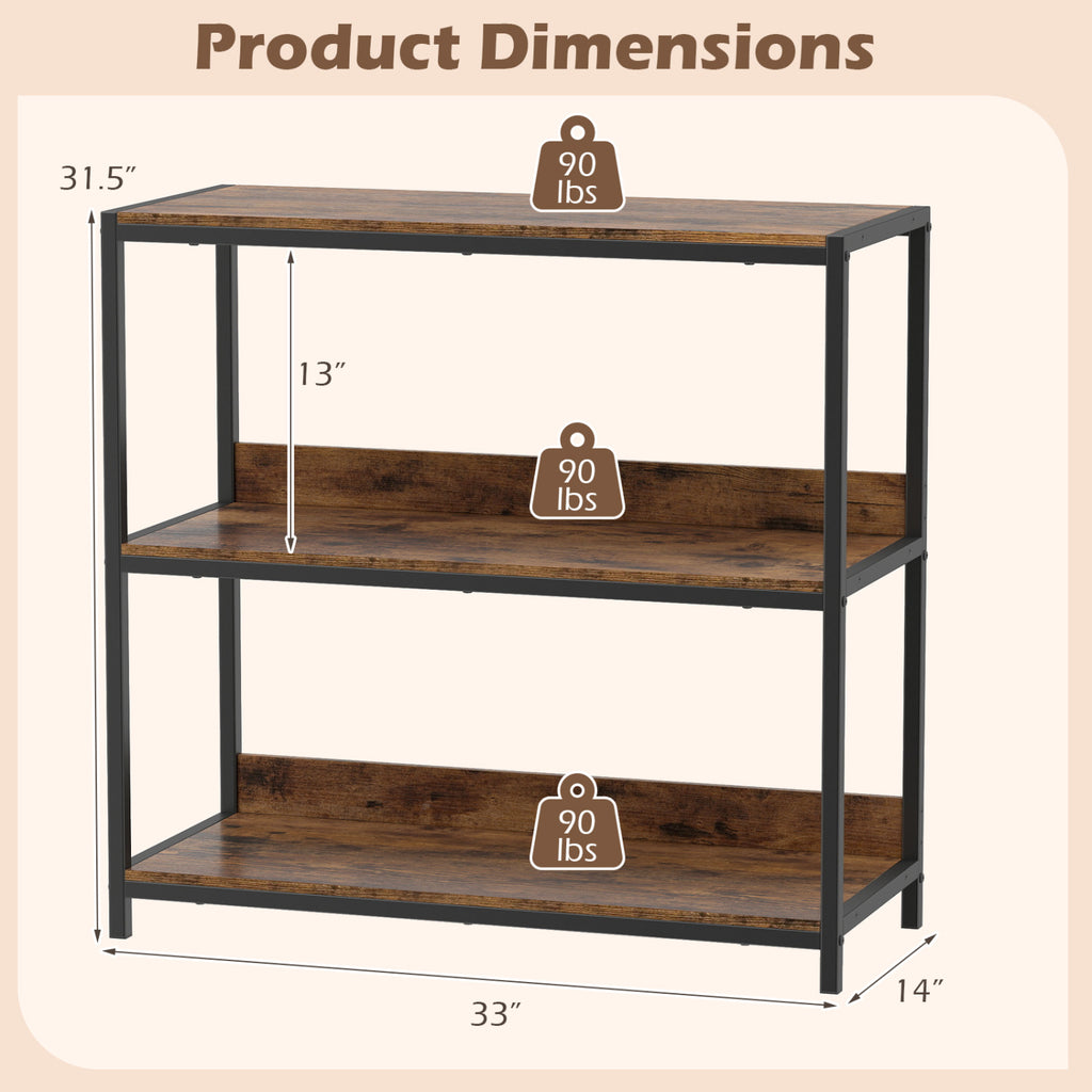 3-Tier Industrial Bookshelf with Metal Frame - Rustic Brown