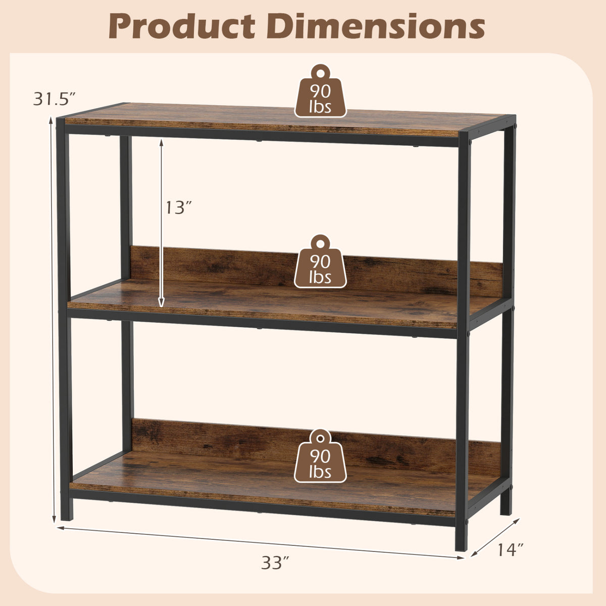 3-Tier Industrial Bookshelf with Metal Frame - Rustic Brown