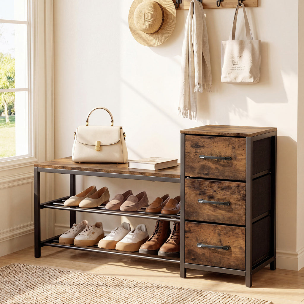 3-Tier Industrial Shoe Bench with 3 Removable Fabric Drawers and