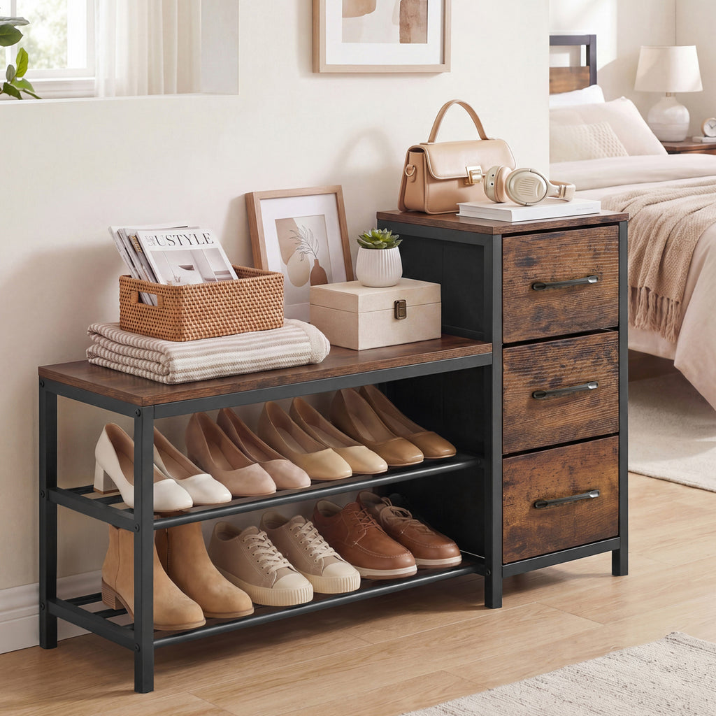 3-Tier Industrial Shoe Bench with 3 Removable Fabric Drawers and