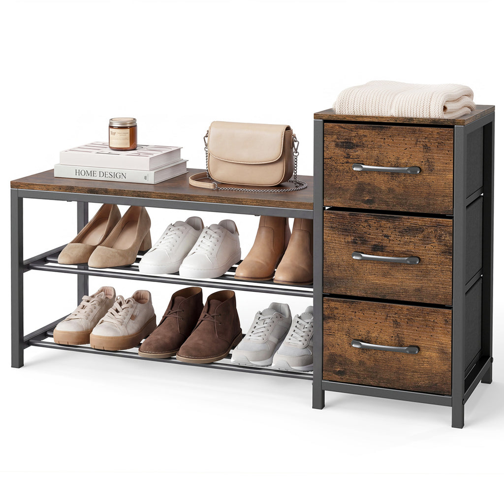 3-Tier Industrial Shoe Bench with 3 Removable Fabric Drawers and