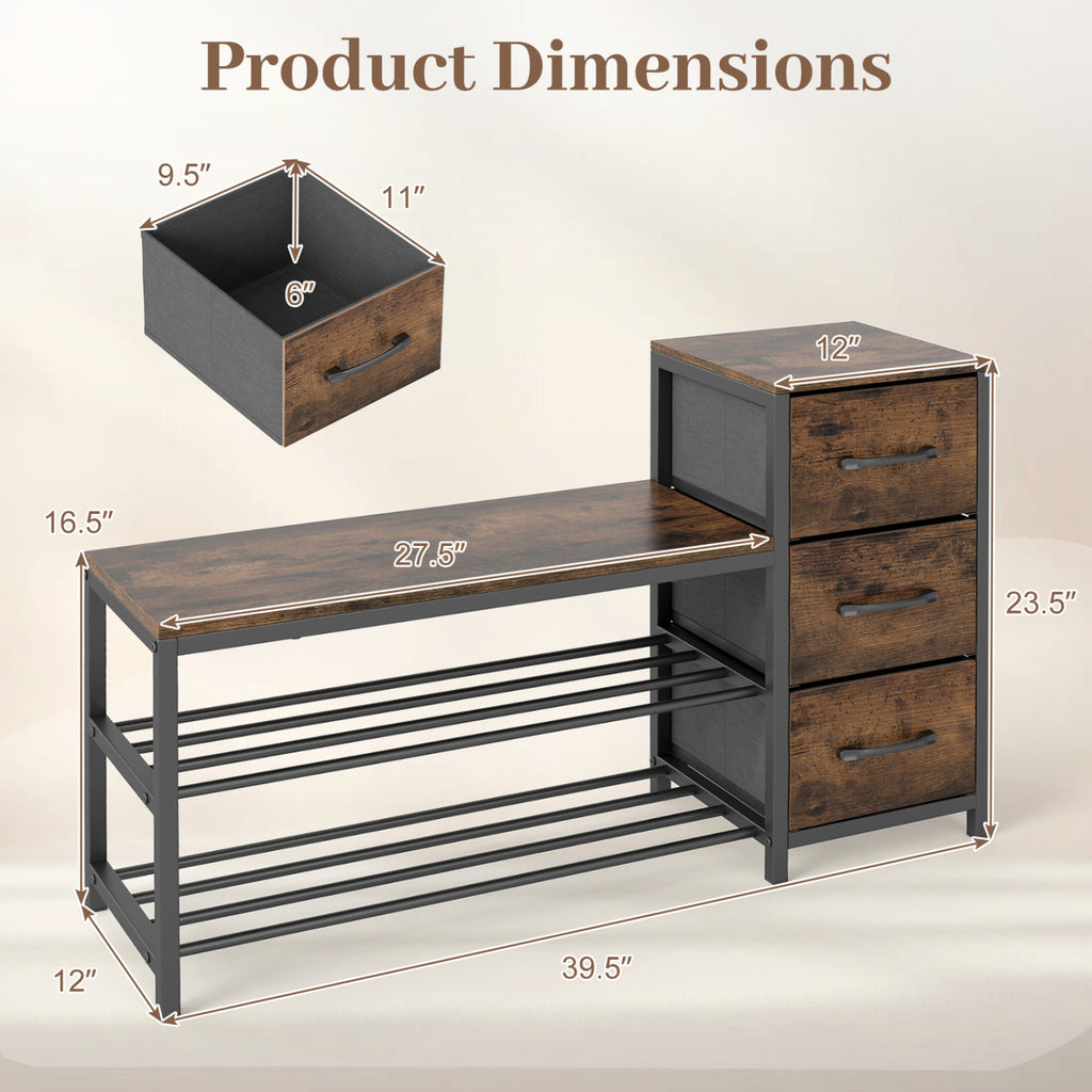 3-Tier Industrial Shoe Bench with 3 Removable Fabric Drawers and