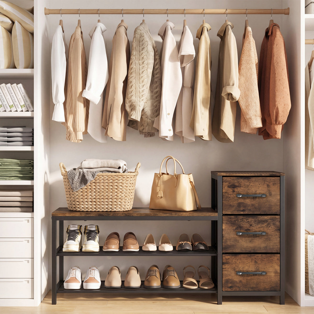 3-Tier Industrial Shoe Bench with 3 Removable Fabric Drawers and