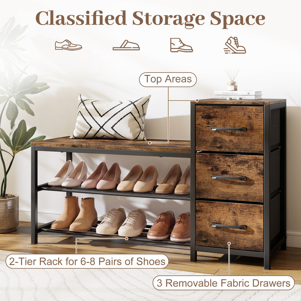 3-Tier Industrial Shoe Bench with 3 Removable Fabric Drawers and