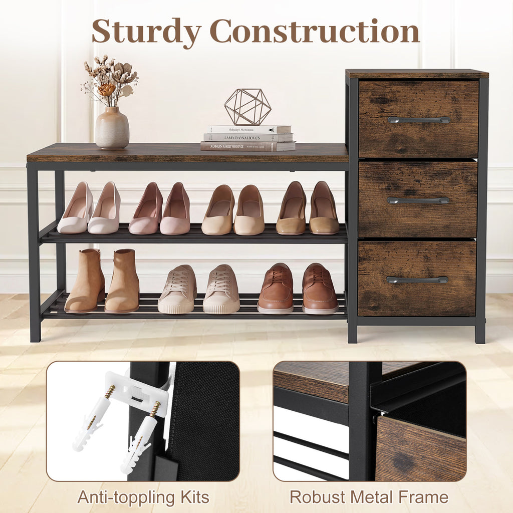 3-Tier Industrial Shoe Bench with 3 Removable Fabric Drawers and