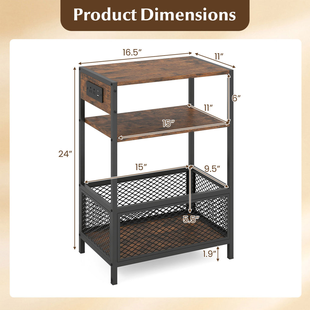 3-Tier Industrial Side Table with Outlets & USB Ports - Rustic Brown