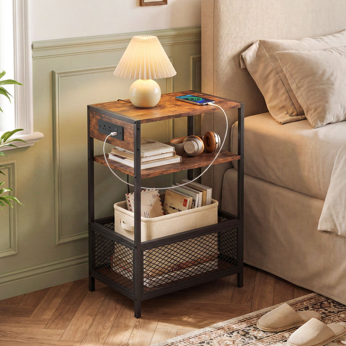 3-Tier Industrial Side Table with Outlets & USB Ports - Rustic Brown