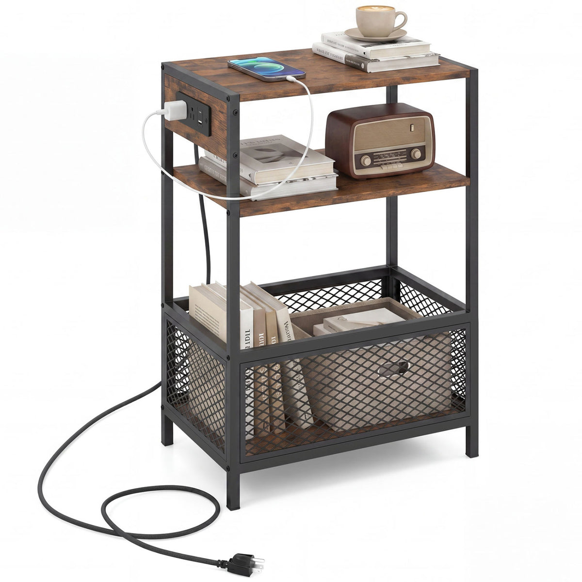 3-Tier Industrial Side Table with Outlets & USB Ports - Rustic Brown