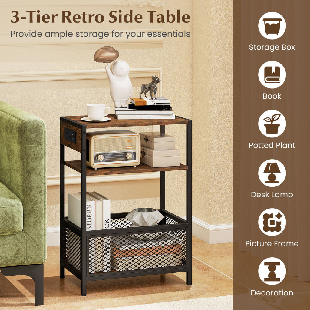 3-Tier Industrial Side Table with Outlets & USB Ports - Rustic Brown