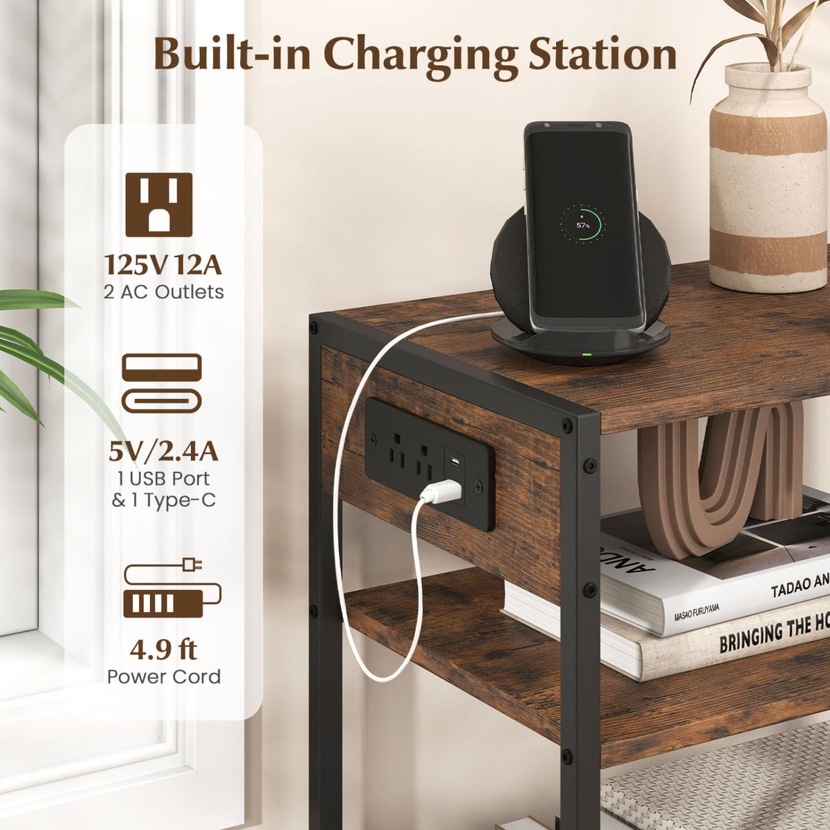 3-Tier Industrial Side Table with Outlets & USB Ports - Rustic Brown