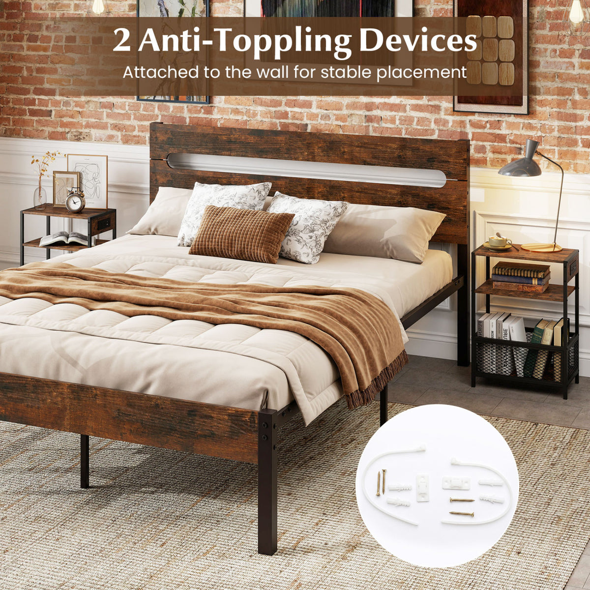 3-Tier Industrial Side Table with Outlets & USB Ports - Rustic Brown