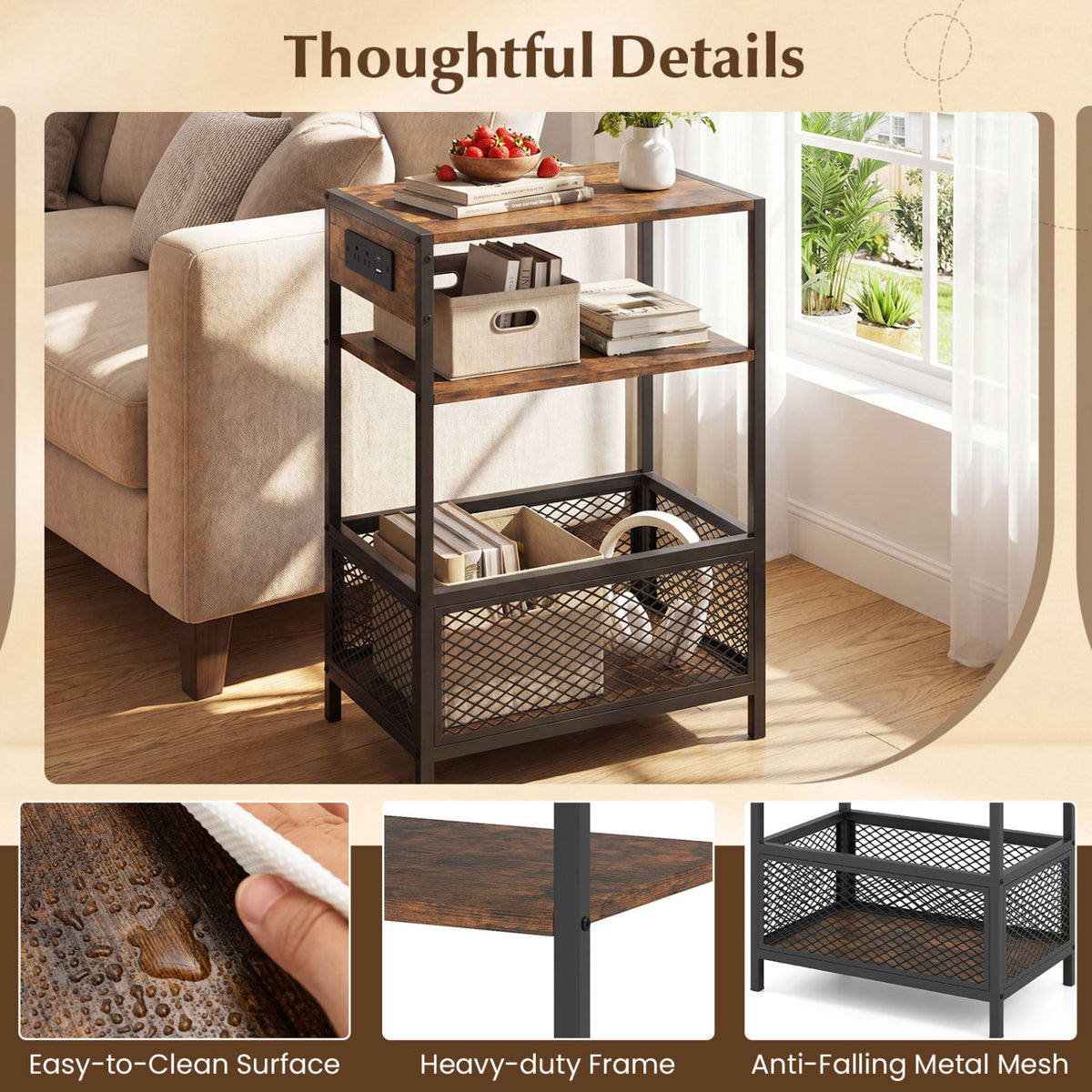 3-Tier Industrial Side Table with Outlets & USB Ports - Rustic Brown