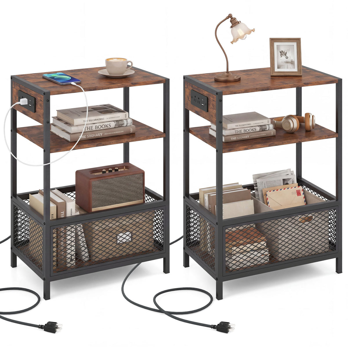 3-Tier Industrial Side Table with Charging Outlets, Rustic Brown, Set of 2