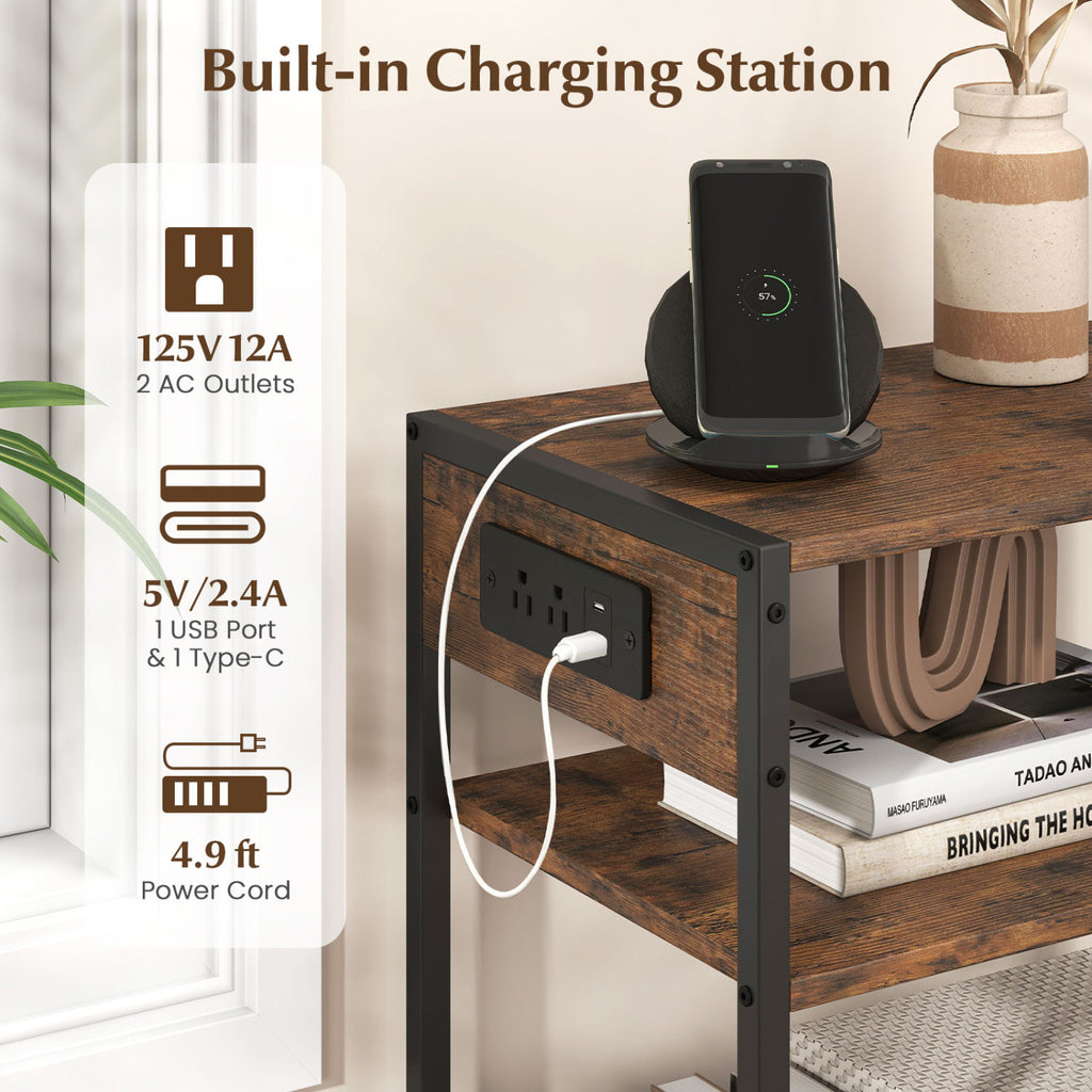 3-Tier Industrial Side Table with Charging Outlets, Rustic Brown, Set of 2