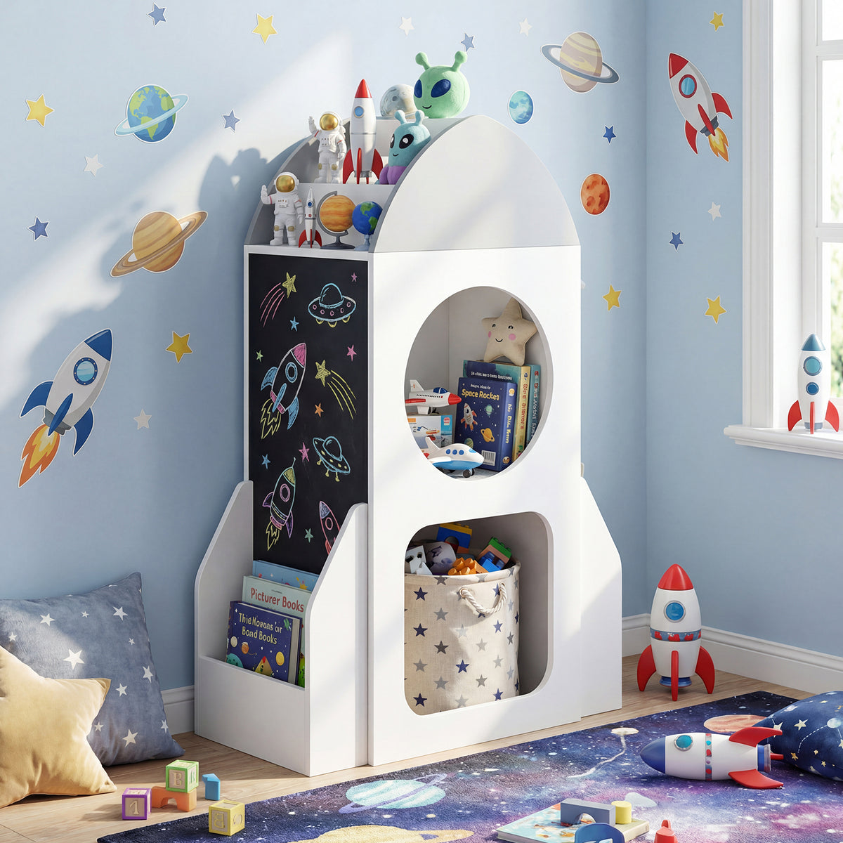 Kids Rocket Space Theme 3-Tier Bookshelf Toy Storage Organizer - White