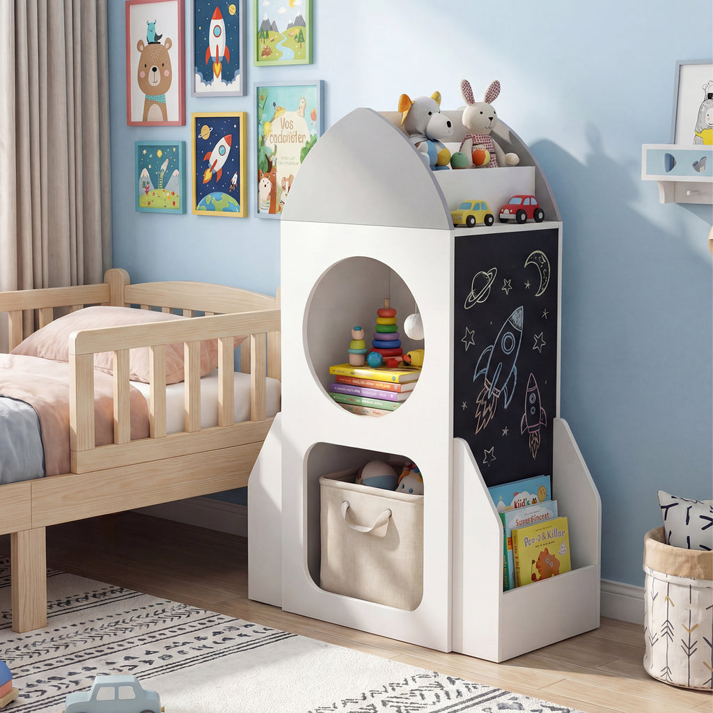 Kids Rocket Space Theme 3-Tier Bookshelf Toy Storage Organizer - White