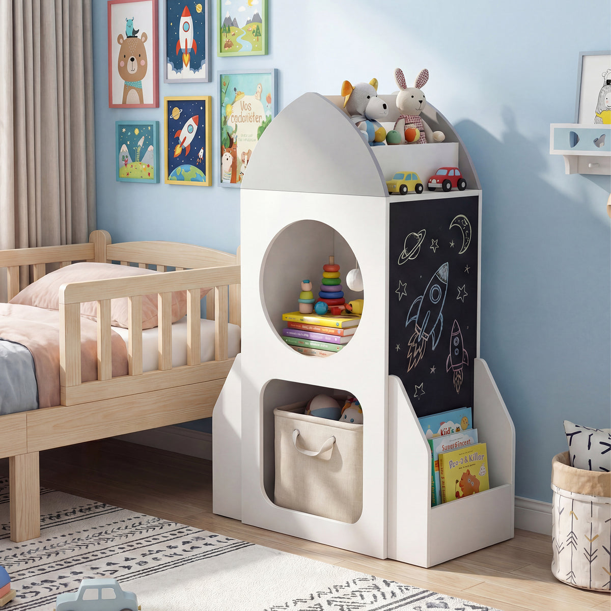 Kids Rocket Space Theme 3-Tier Bookshelf Toy Storage Organizer - White